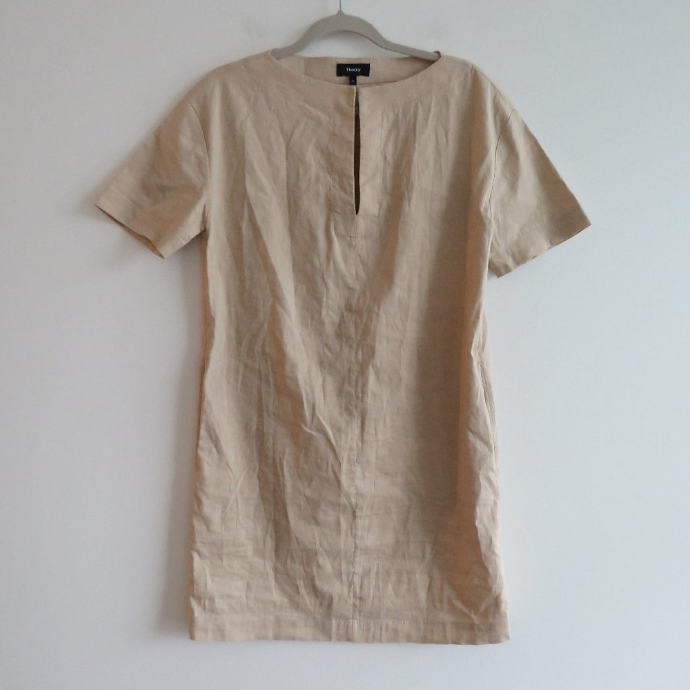 THEORY Organic Crunch Linen Belted Shift Dress Light Wheat - Size 00 - Picture 2 of 16